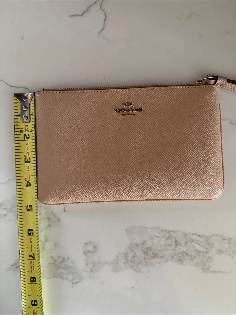 Coach Tan Pebbled Leather Wristlet with Gold Logo